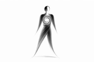 Abstrakte menschliche Figur mit Spirale im Inneren als Bild für Funktionieren und inneren Selbstverlust